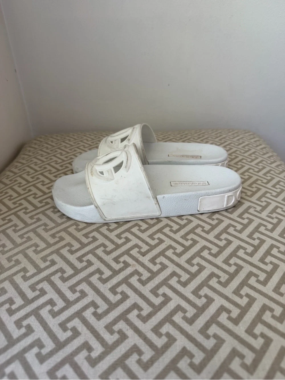 Dolce & Gabbana White Logo Slide Sandals + White Jimmy Choo Slide Sandals